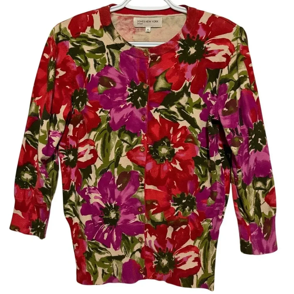 Jones New York Sport Women's Red Purple Long Sleeve Button Front Sweater Size M